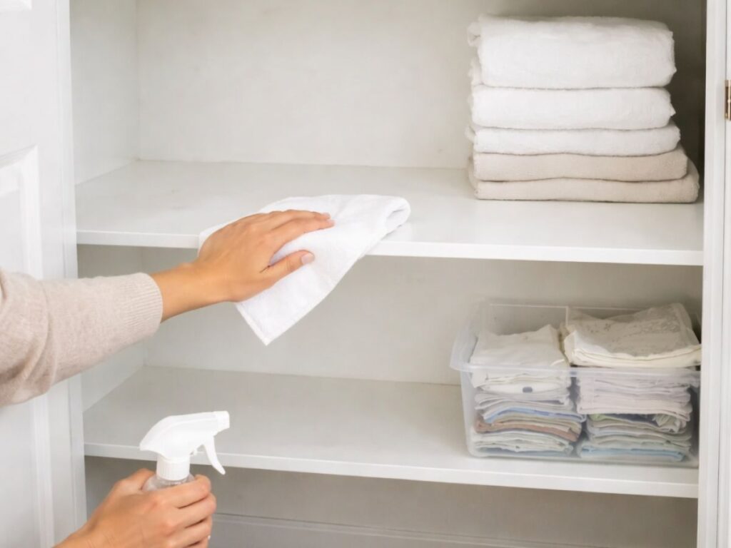 Person wiping down empty linen closet shelves with a cloth and spray cleaner, preparing the space before restocking neatly folded towels and sheets.