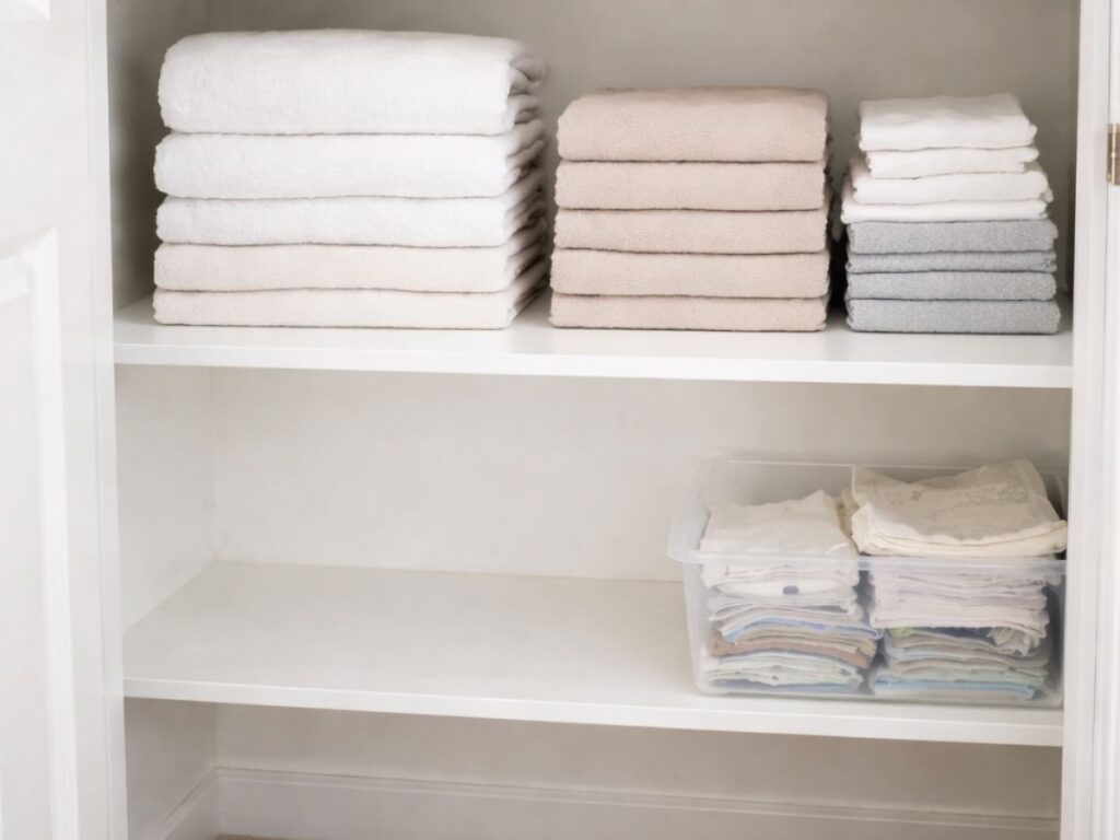 Organized linen closet with neatly folded white and neutral towels stacked by size, labeled woven baskets on the top shelf, and a clear bin holding folded sheets and pillowcases.