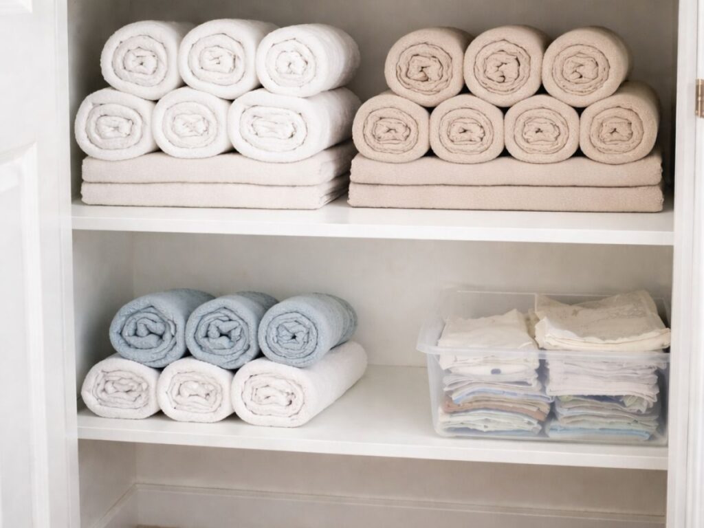 Linen closet with neatly rolled and stacked towels in white, beige, and soft blue tones, organized by color on open shelves alongside a clear bin of folded sheets.