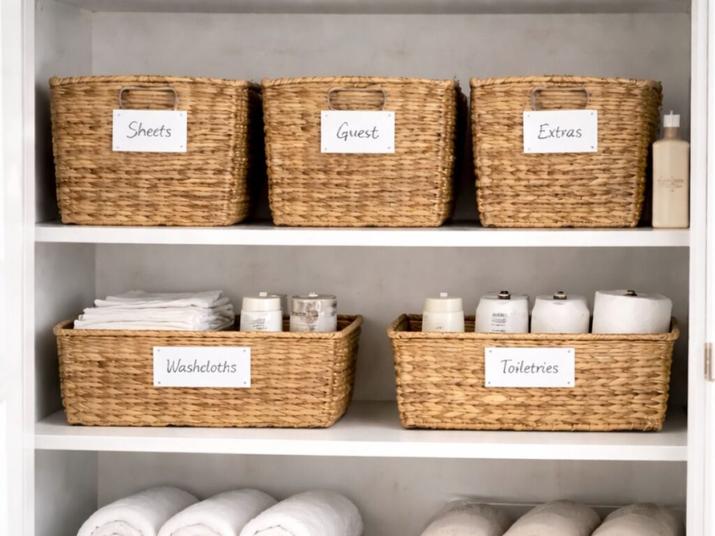 Linen closet organized with woven baskets labeled “Sheets,” “Guest,” “Extras,” “Washcloths,” and “Toiletries,” neatly arranged on shelves for easy access and tidy storage