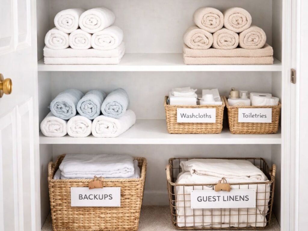 Neatly organized linen closet with rolled and stacked towels by color, labeled baskets for washcloths and toiletries, and lower bins marked “Backups” and “Guest Linens” for easy sorting and access.