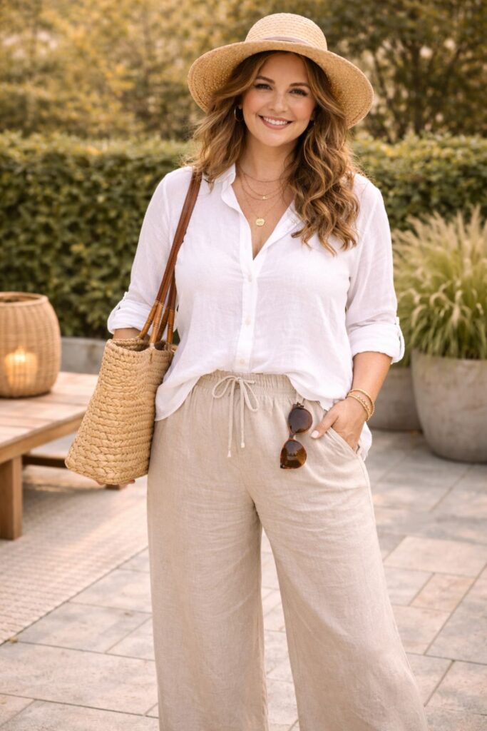 Woman wearing a white button-down shirt, beige wide-leg pants, and a straw hat, accessorized with a woven tote and layered gold jewelry.