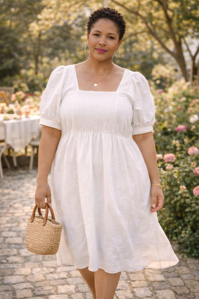 Woman wearing a white puff-sleeve midi dress and carrying a woven handbag in a garden setting.