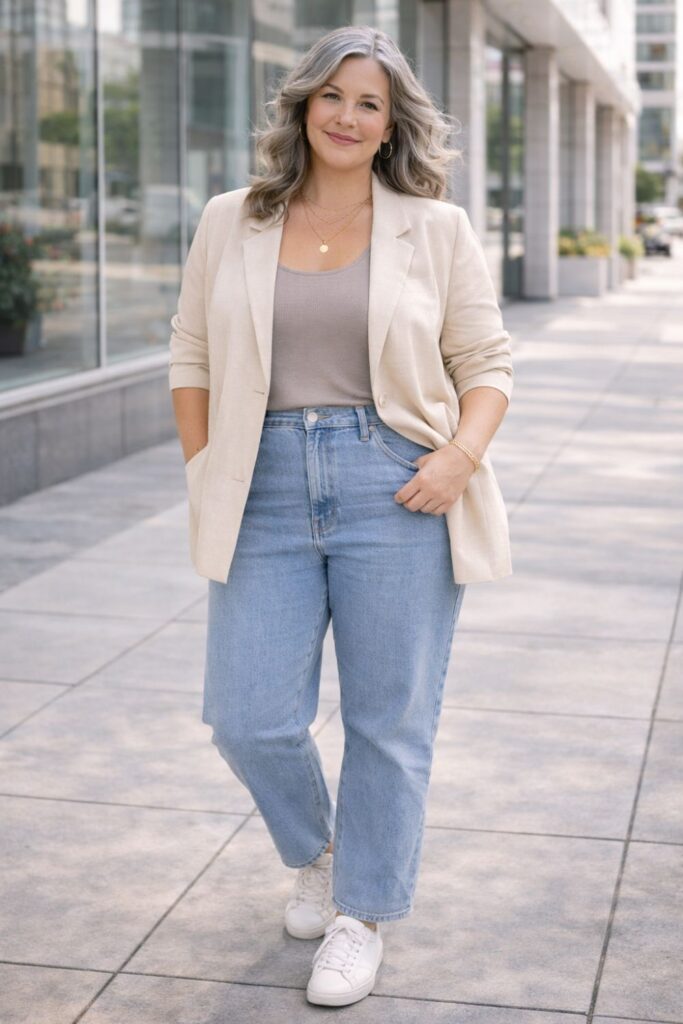 Woman wearing a beige blazer, taupe top, and light blue jeans with white sneakers on a city sidewalk.