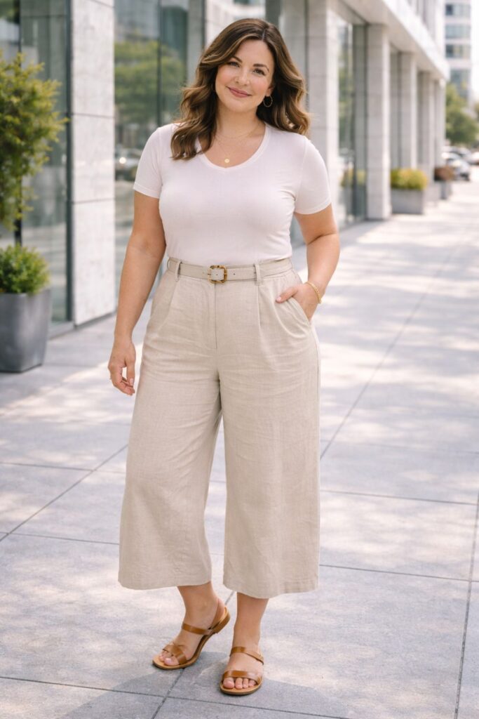 Woman wearing a beige fitted tee and high-waisted linen wide-leg pants with brown sandals on a city sidewalk.