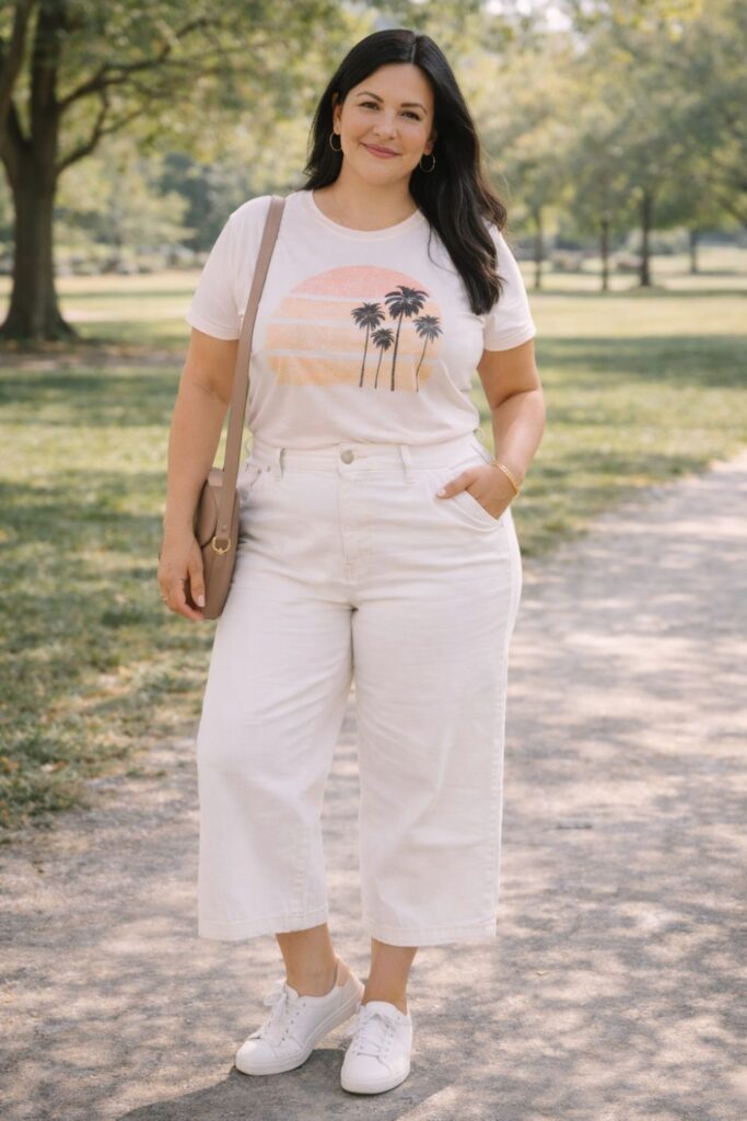 Woman wearing a graphic tee with palm print, cream wide-leg pants, and white sneakers in a park setting.