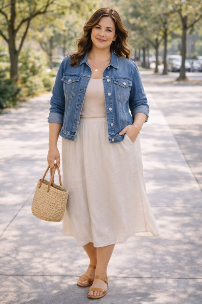 Plus size woman wearing a denim jacket over a neutral midi skirt and tank, holding a woven tote on a sunny tree-lined street.