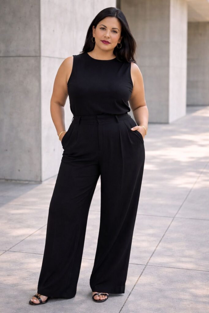 Plus size woman wearing a sleeveless black top and high-waisted wide-leg black trousers, standing confidently on a modern city sidewalk.