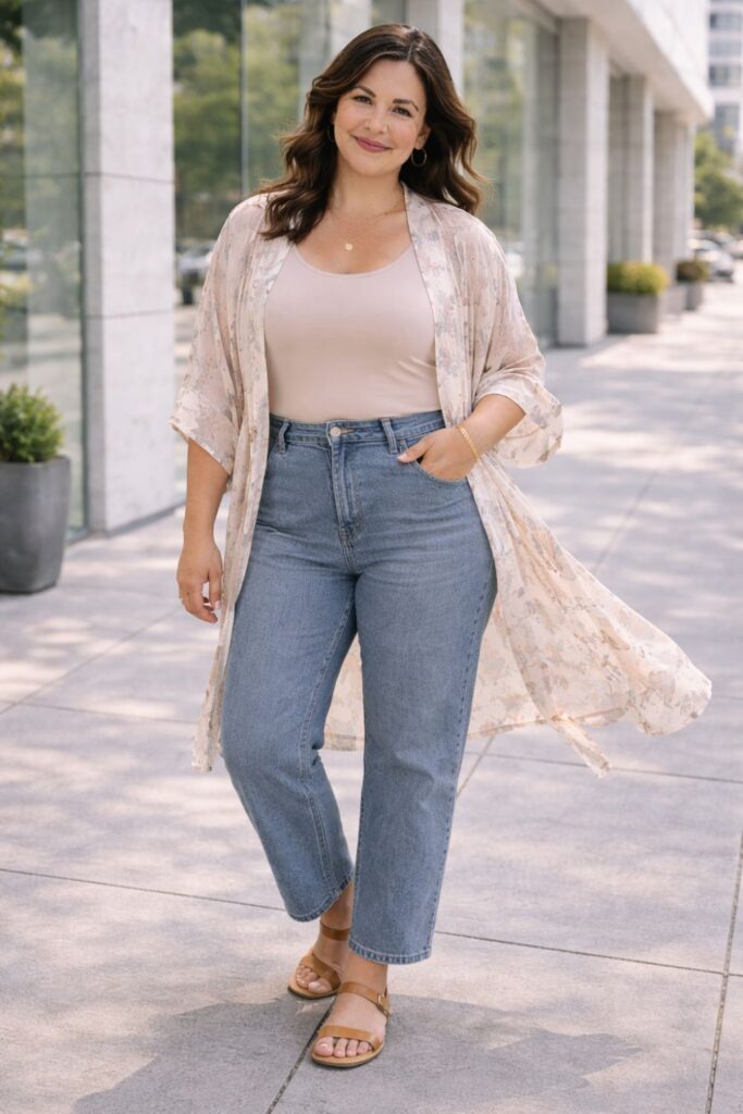 Plus size woman wearing a beige tank, light blue jeans, and a sheer floral kimono on a city sidewalk.
