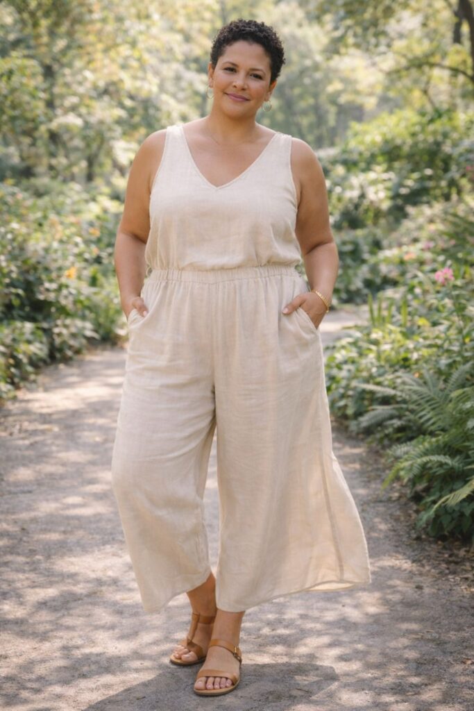Plus size woman wearing a sleeveless beige linen jumpsuit with wide legs and brown sandals, standing on a garden path.