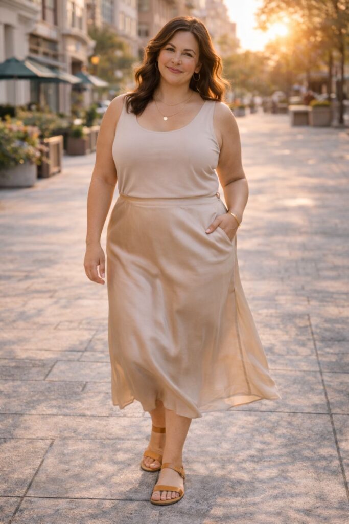 Plus size woman wearing a beige tank top and flowing midi skirt, walking along a sunlit city street at sunset.