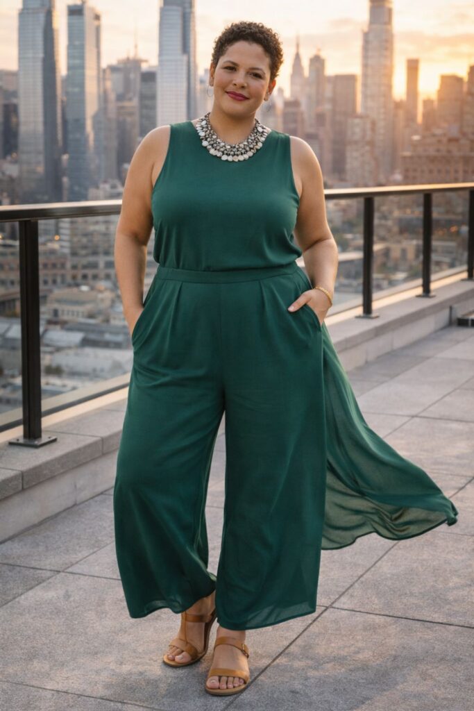 Plus size woman in an elegant emerald green sleeveless jumpsuit standing on a rooftop with a city skyline at sunset.