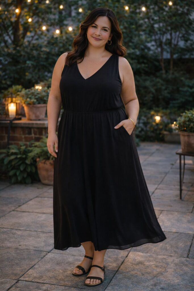 Plus size woman in a black sleeveless midi dress standing on a softly lit patio at dusk with string lights in the background.