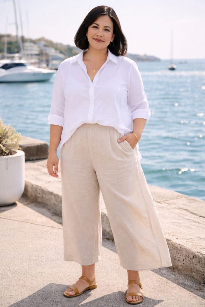 Plus size woman in a crisp white button-down and flowy beige wide-leg pants standing by the waterfront on a sunny day.