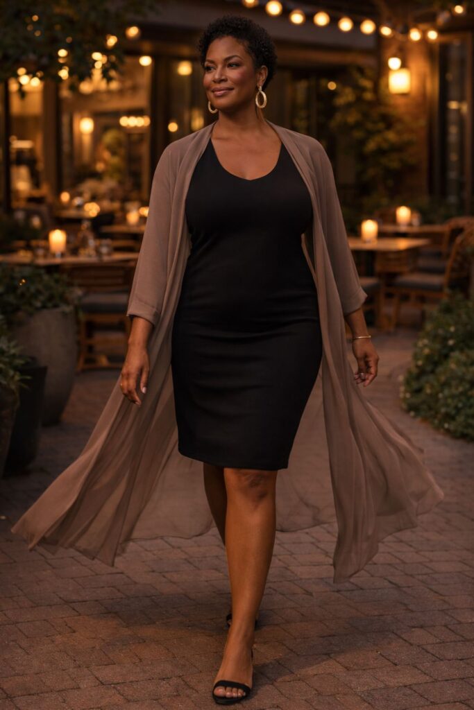 Plus size woman in a fitted black dress with a flowing sheer duster, walking confidently through a warmly lit evening patio restaurant.