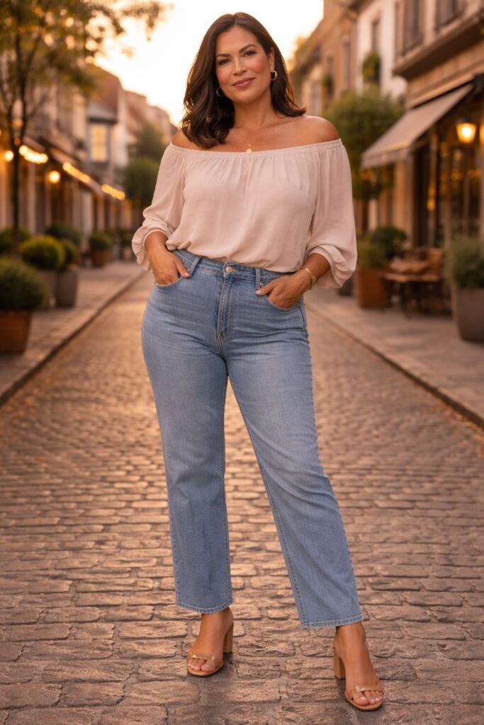 Plus size woman in an off-shoulder blush blouse and high-waisted straight-leg jeans, standing confidently on a cobblestone street at sunset.