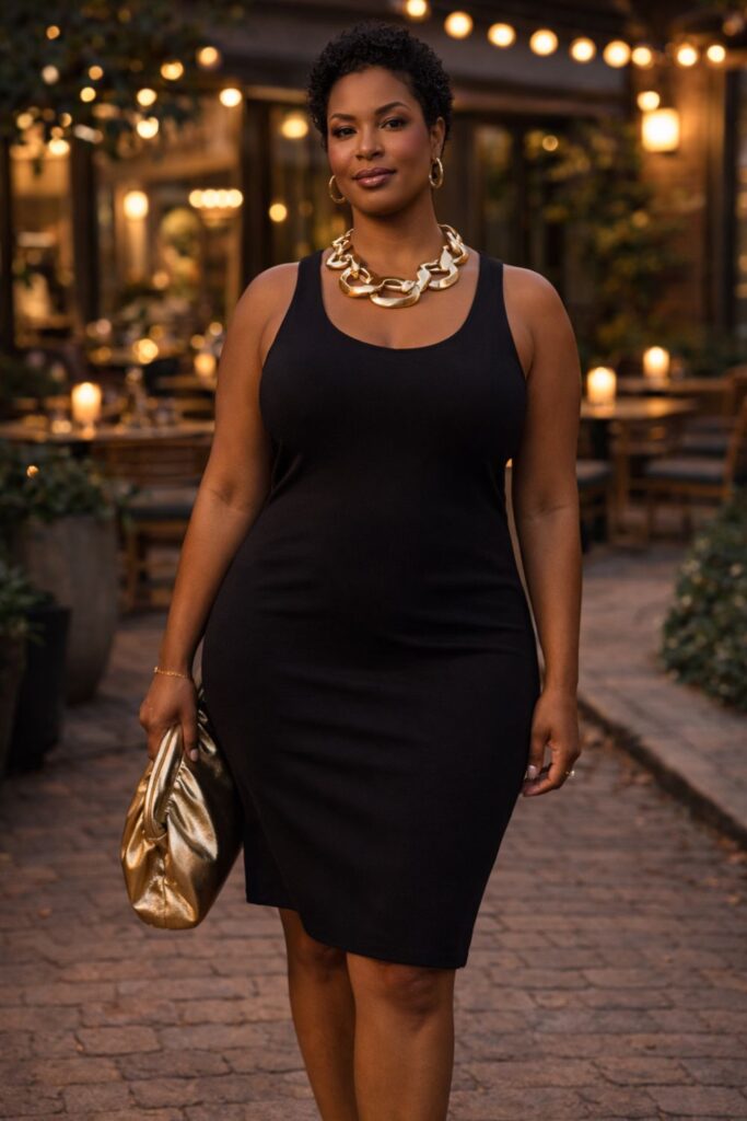 Plus size woman in a sleek black fitted dress with bold gold statement jewelry, walking confidently through a warmly lit evening street scene.
