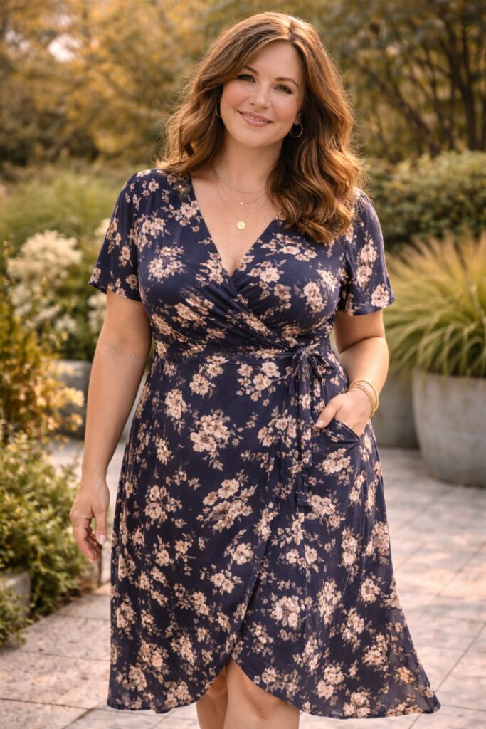 Woman wearing a navy floral wrap dress, smiling outdoors in a garden setting.