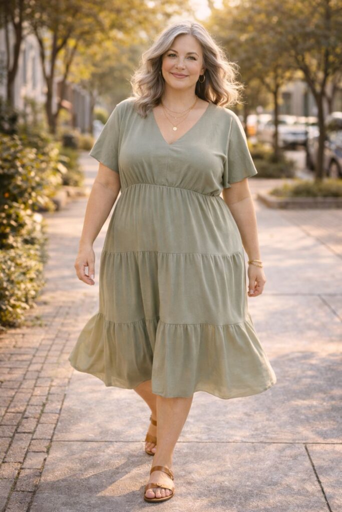 Woman wearing a sage green tiered midi dress and brown sandals, walking along a sunlit sidewalk.