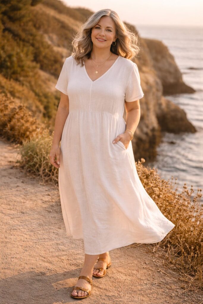 Woman in a light beige midi dress and brown sandals walking along a coastal cliff at sunset.