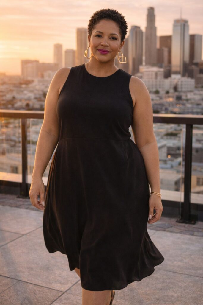 Woman in a sleeveless black midi dress standing on a rooftop terrace with a city skyline at sunset.