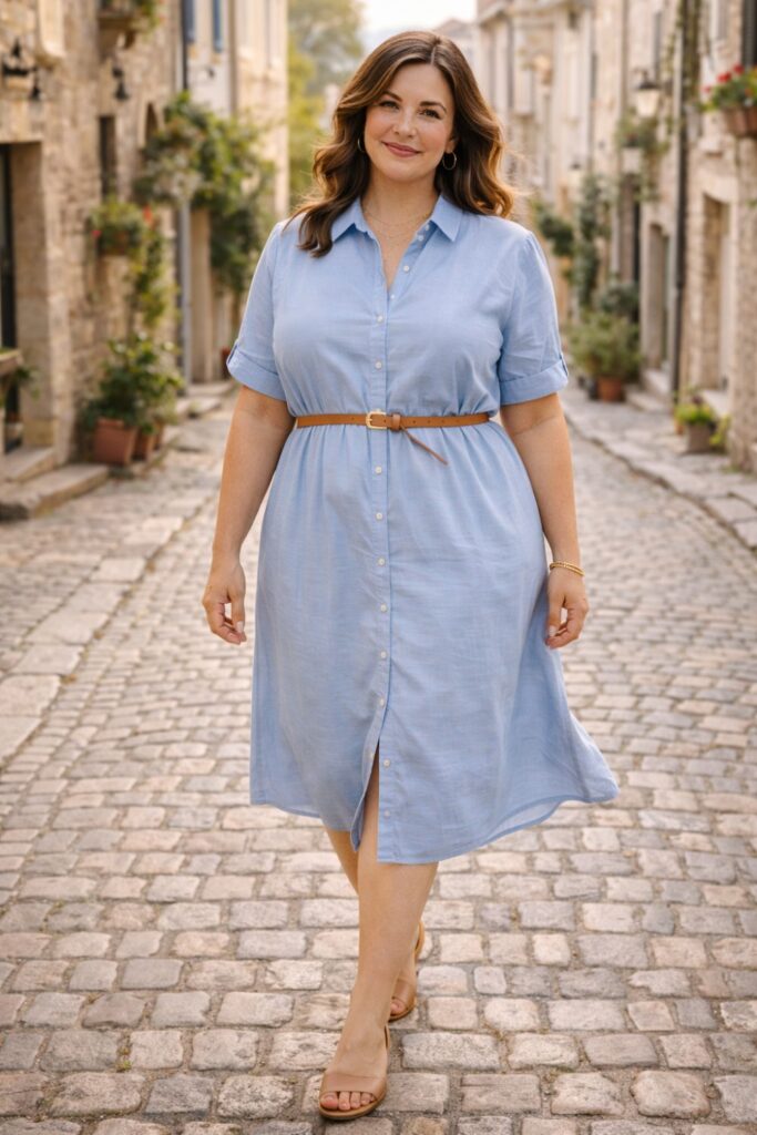 Woman wearing a light blue belted shirt dress and sandals walking down a cobblestone street.