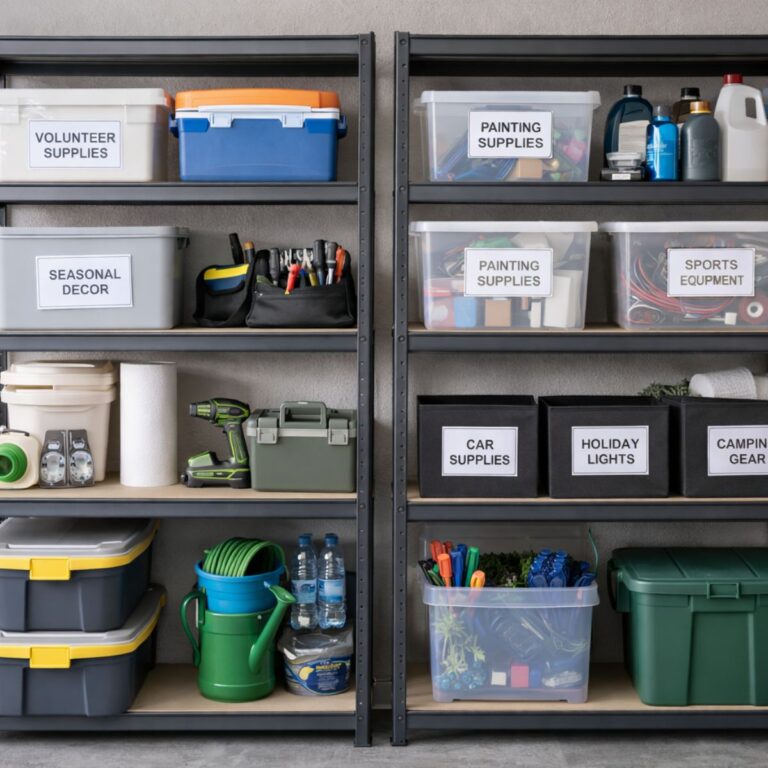 Organized garage shelves with labeled storage bins for volunteer supplies, seasonal decor, painting supplies, sports equipment, car supplies, holiday lights, and camping gear.