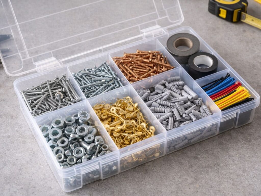 Clear plastic organizer box with compartments holding screws, bolts, wall anchors, washers, zip ties, and electrical tape on a workshop surface.