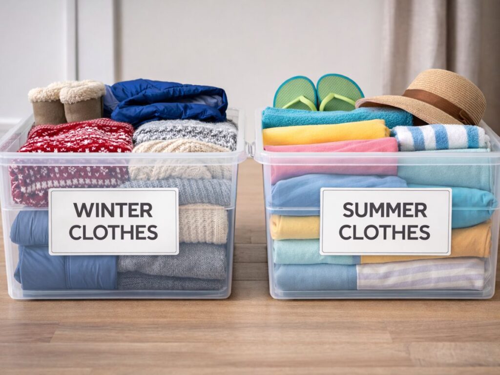 Two clear storage bins labeled “Winter Clothes” and “Summer Clothes,” filled with folded seasonal clothing and accessories.
