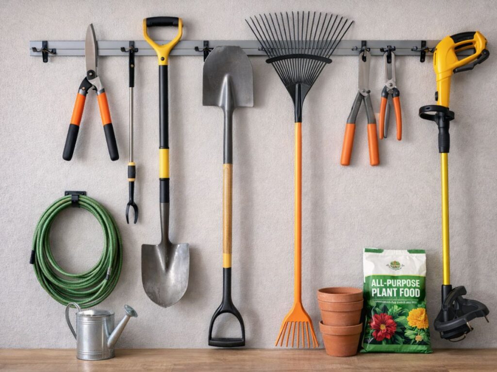 Garden tools neatly hung on a wall rack, including shears, shovels, rake, hedge trimmers, hose, watering can, plant pots, and a bag of all-purpose plant food.