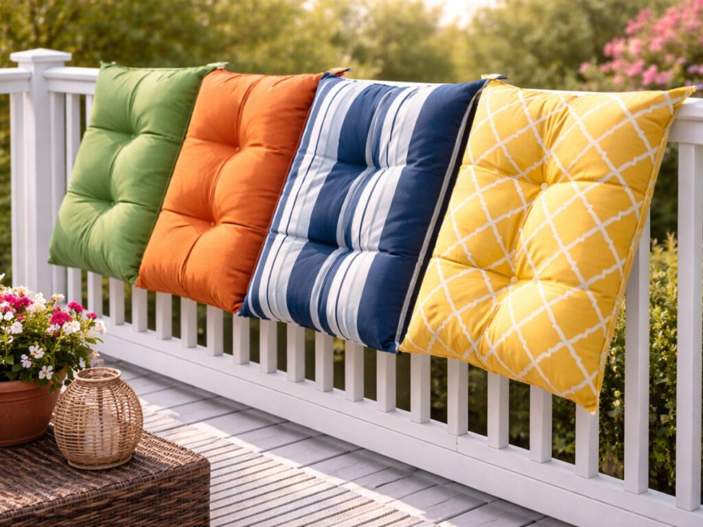 Colorful outdoor seat cushions hanging over a white deck railing, with potted flowers and patio decor nearby.