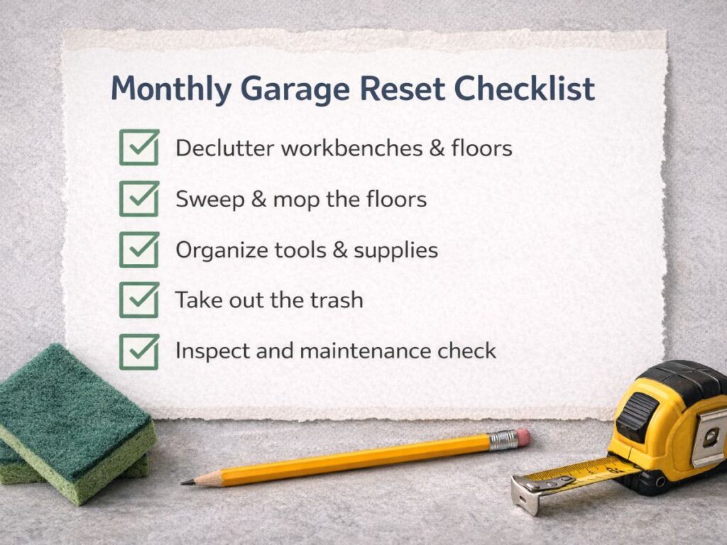 Monthly Garage Reset Checklist listing tasks: declutter workbenches and floors, sweep and mop floors, organize tools and supplies, take out the trash, and inspect for maintenance.