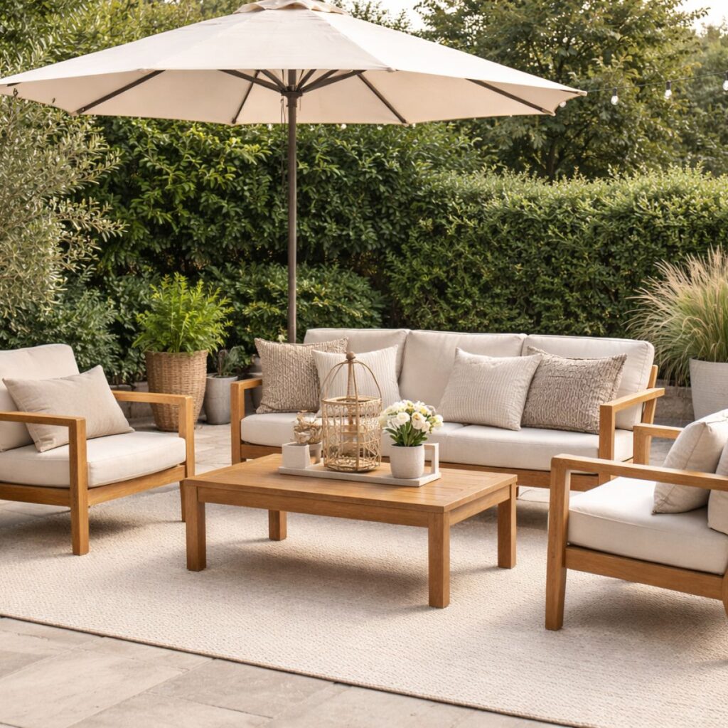 Cozy outdoor patio setup with neutral-toned seating, wooden furniture, and umbrella shade surrounded by lush greenery.