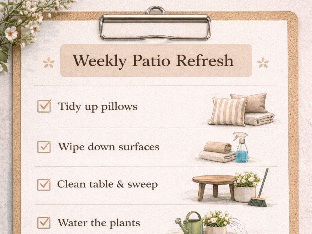 Weekly patio refresh checklist with simple tidy-up tasks.