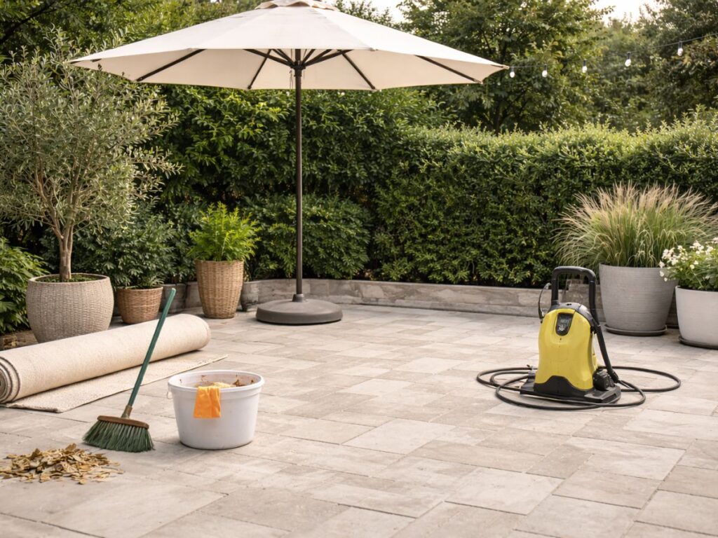 Patio mid-clean with broom, bucket, rolled rug, and pressure washer ready for a refresh.