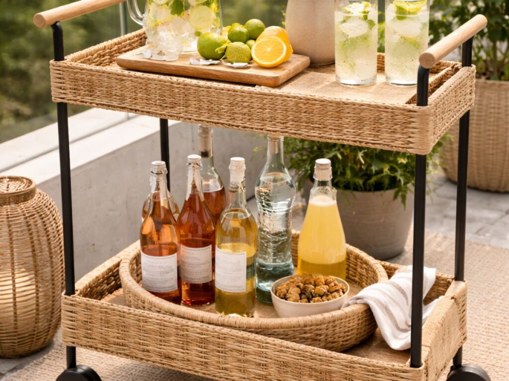 Outdoor bar cart styled with refreshing drinks, citrus, and glassware on a sunny patio.