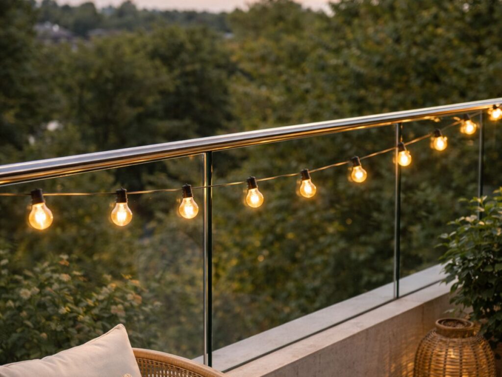 Warm string lights glowing along a balcony railing at sunset.