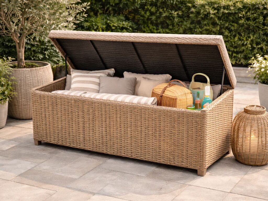 Outdoor storage bench with cushions and patio essentials neatly organized inside.