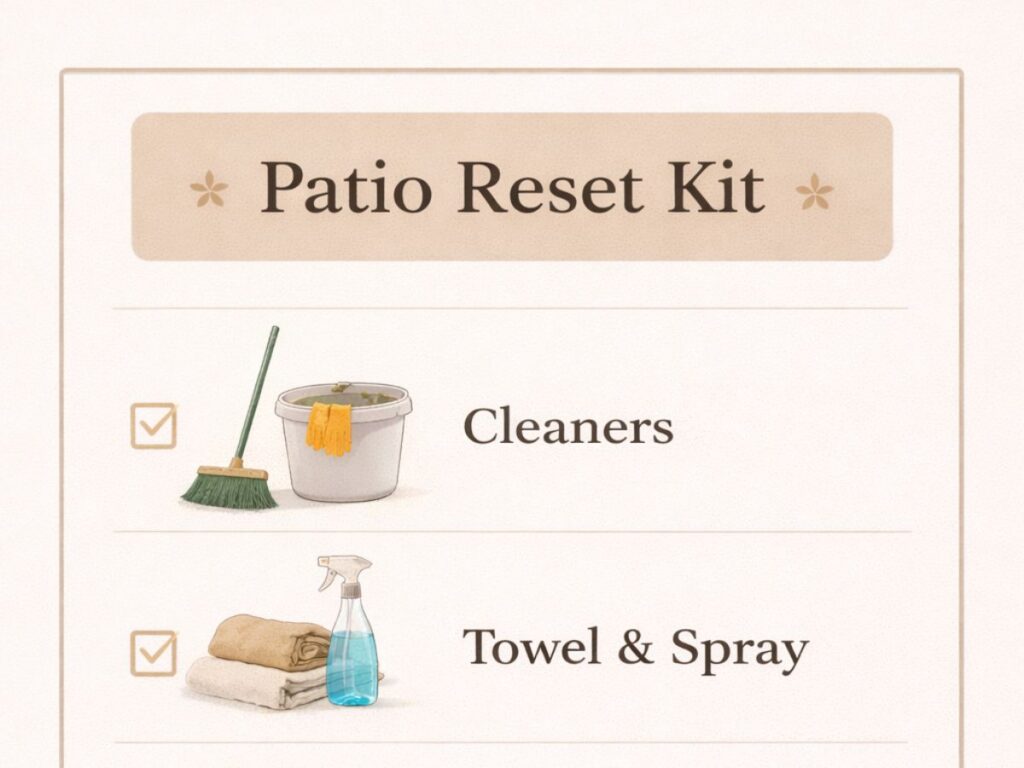 Patio reset kit checklist featuring cleaners, towel, and spray essentials.