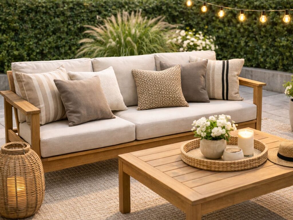 Cozy patio styled with neutral cushions, wood furniture, and warm string lights.