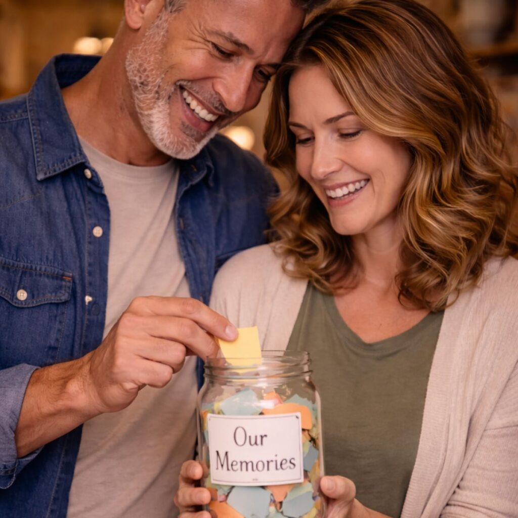 A smiling couple placing a note into a jar labeled “Our Memories.”