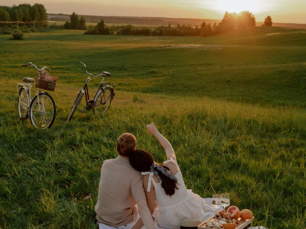 A couple sitting close together in a grassy field at sunset, enjoying a picnic with wine and fruit, with two bicycles parked nearby.