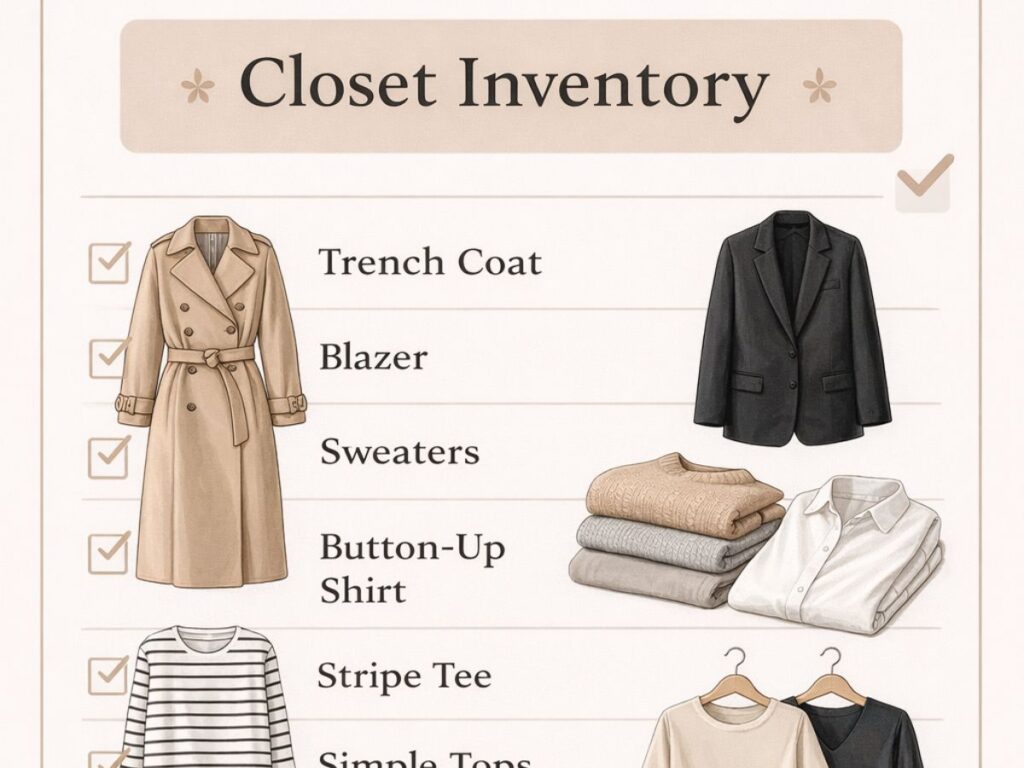 Closet inventory checklist featuring essential wardrobe pieces like a trench coat, blazer, sweaters, jeans, shoes, and bags.