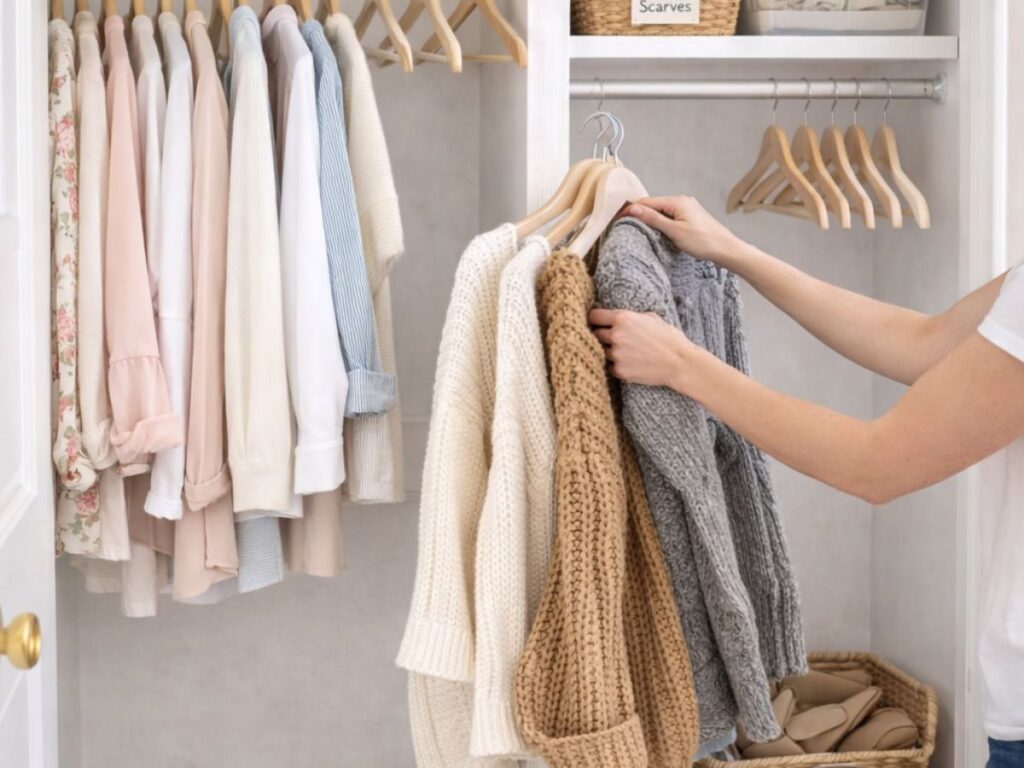 Organized closet with neutral-toned clothing neatly hung on wooden hangers, labeled storage baskets on shelves, and a person swapping out sweaters for a seasonal wardrobe refresh.