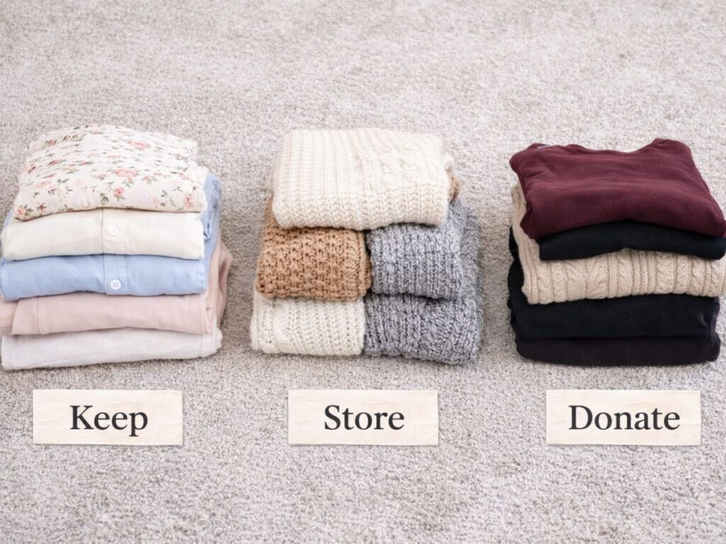 Three neatly folded clothing piles on the floor labeled “Keep,” “Store,” and “Donate,” illustrating a simple wardrobe decluttering and seasonal sorting system.