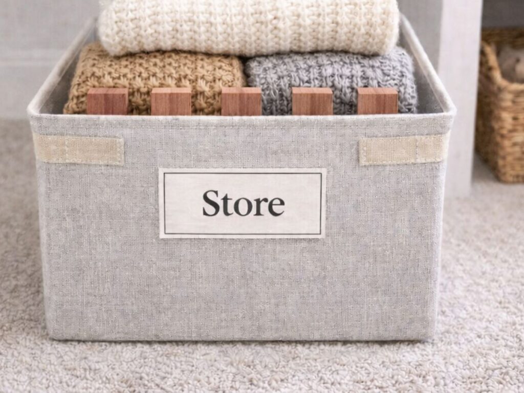 Close-up of a fabric storage bin labeled “Store,” neatly filled with folded knit sweaters and small wooden cedar blocks placed inside for fresh, protected seasonal storage.