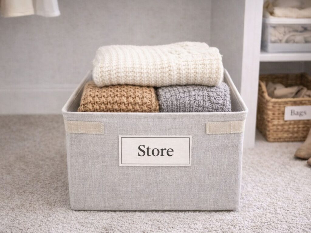 Fabric storage bin labeled “Store” filled with neatly folded knit sweaters, ready for seasonal wardrobe rotation.