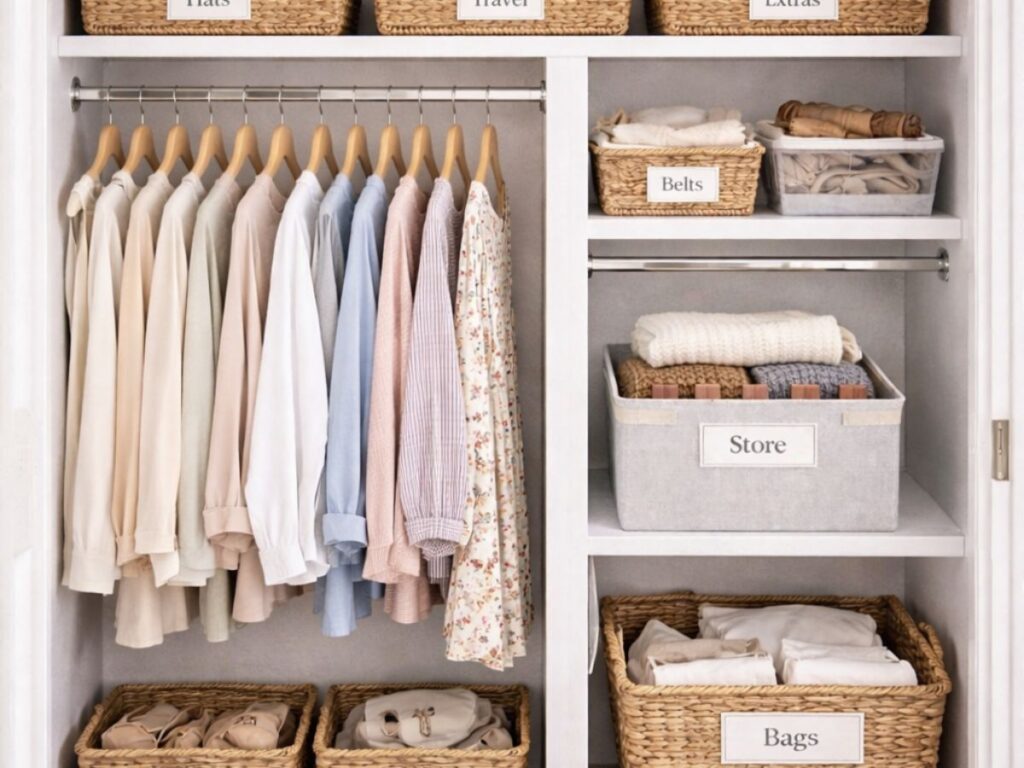 Organized wardrobe closet with neutral-toned clothing neatly hung on wooden hangers and labeled woven baskets on shelves. Bins are clearly marked “Hats,” “Travel,” “Extras,” “Belts,” “Store,” “Shoes,” “Lines,” and “Bags,” creating a tidy, categorized seasonal storage system.