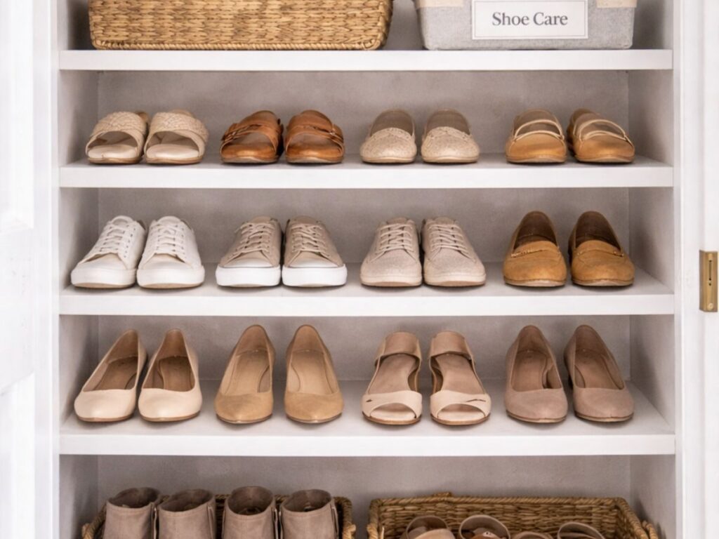 Organized shoe shelves with labeled bins for shoe care, boots, and sandals.