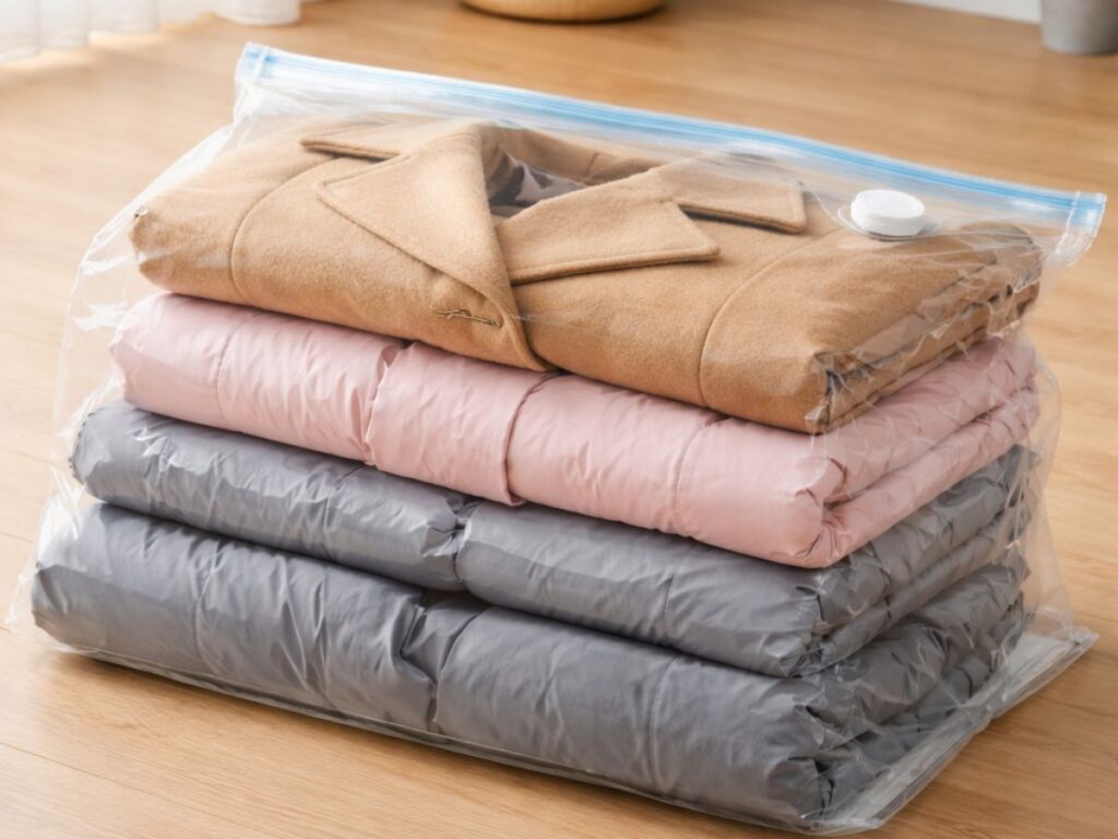 Vacuum storage bag with folded coats and winter jackets stacked neatly inside.